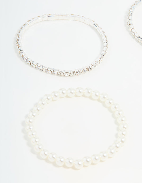 Silver Diamante & Pearl Ball Bracelets 9-Pack
