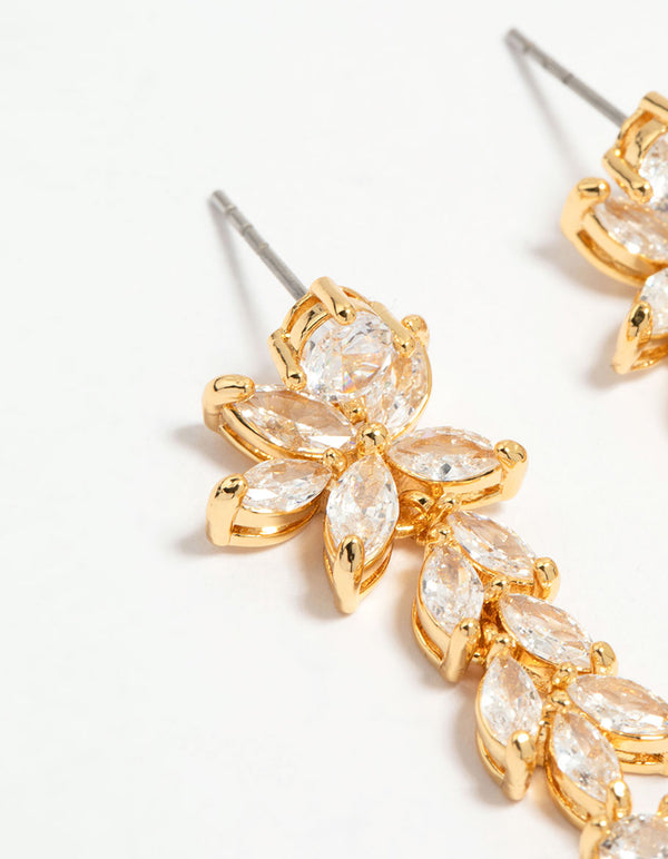 Gold Plated Cubic Zirconia Medium Flower Vine Drop Earrings