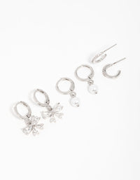 Silver Cubic Zirconia Pearl Bow Huggie Earrings 3-Pack - link has visual effect only