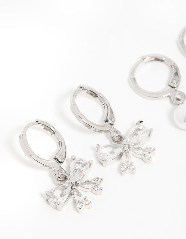 Silver Cubic Zirconia Pearl Bow Huggie Earrings 3-Pack