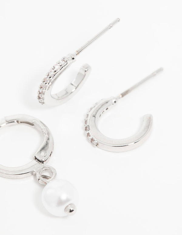 Silver Cubic Zirconia Pearl Bow Huggie Earrings 3-Pack