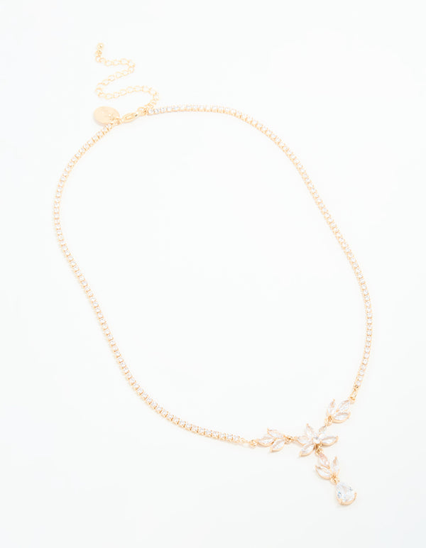 Gold Cubic Zirconia Cascading Flower Necklace