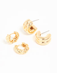 Gold Plated Brass Twist & Ribbed Huggie Earrings 2-Pack - link has visual effect only