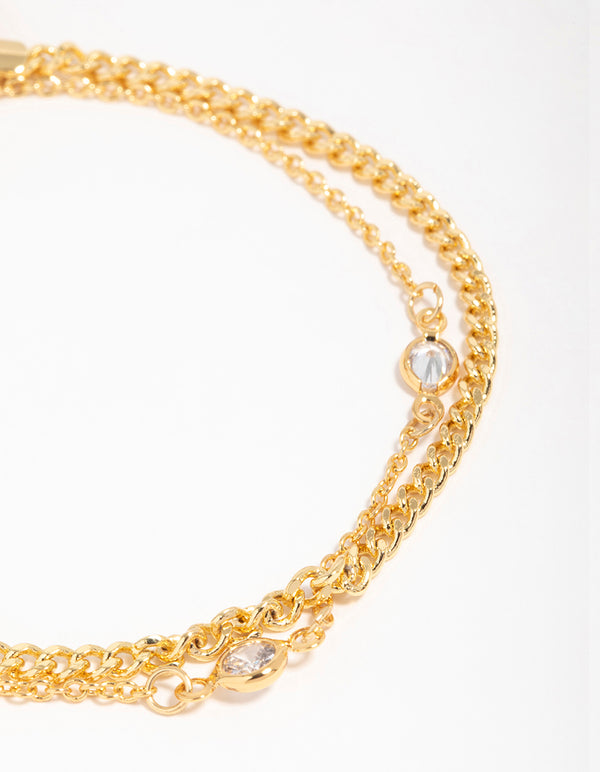 Gold Plated Brass Cubic Zirconia Chain Layered Bracelet