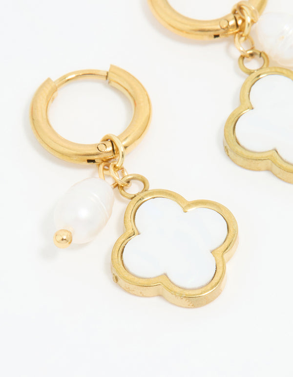 Waterproof Gold Plated Stainless Steel Pearl & Flower Hoop Earrings