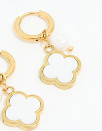 Waterproof Gold Plated Stainless Steel Pearl & Flower Hoop Earrings - link has visual effect only