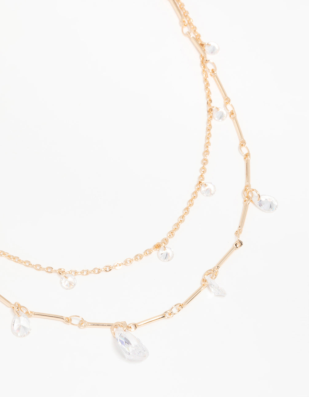 Gold Cubic Zirconia Teardrop Layered Necklace