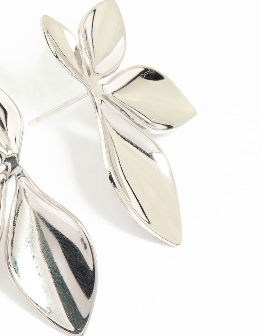 Presenting waterproof stainless steel leaf cluster stud earrings in silver post detail view