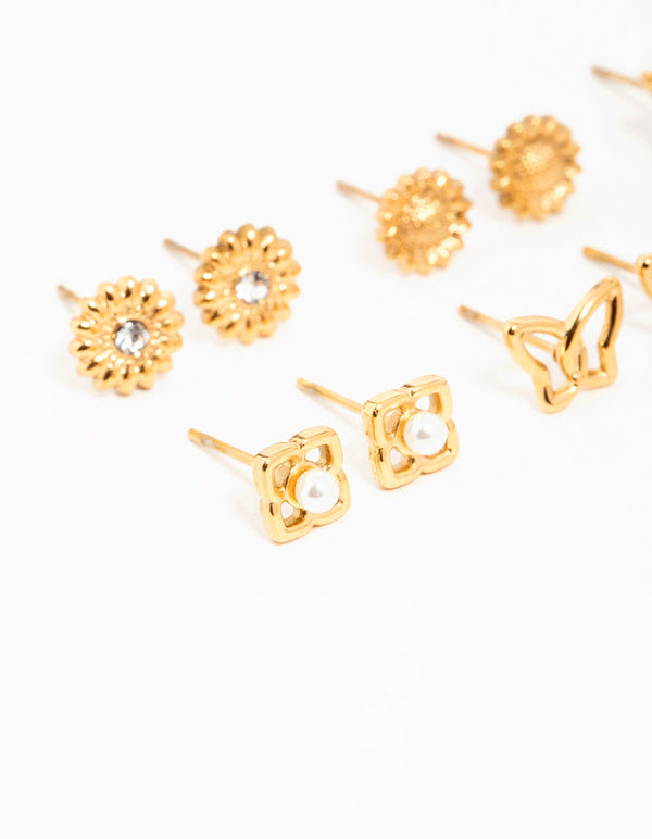 Waterproof Gold Plated Stainless Steel Cubic Zirconia Butterfly Stud Earrings 6-Pack