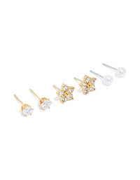 Elegantly crafted waterproof gold plated stainless steel pearl and stud earrings 3-pack with floral front view - link has visual effect only