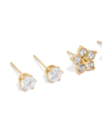 Detailed perspective of waterproof gold plated stainless steel pearl and stud earrings 3-pack with floral close up view - link has visual effect only