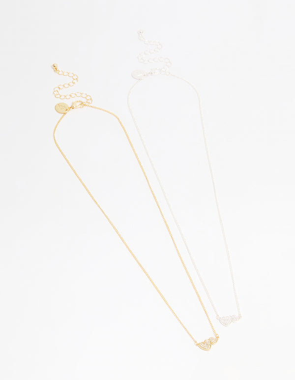 Mixed Metal Cubic Zirconia Heart Link Necklaces 2-Pack