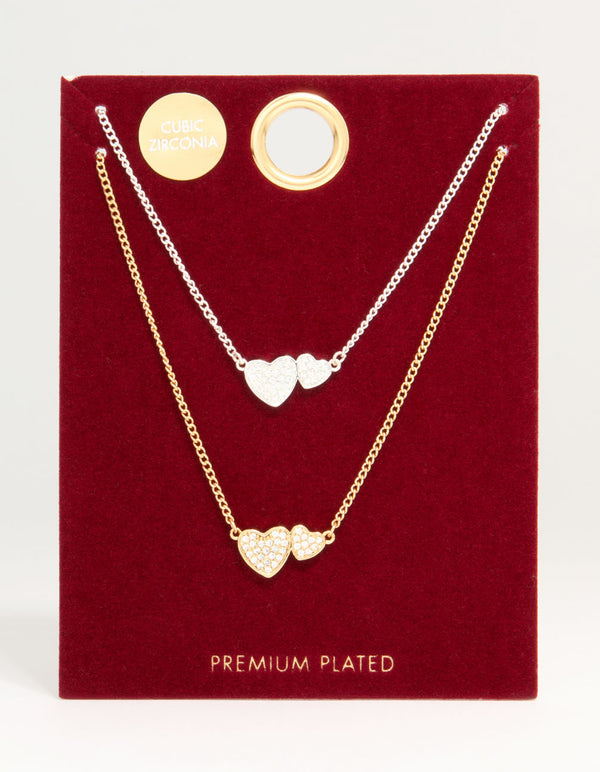 Mixed Metal Cubic Zirconia Heart Link Necklaces 2-Pack