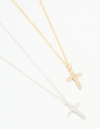 Mixed Metal Cross Cubic Zirconia Pendant Necklaces 2-Pack - link has visual effect only