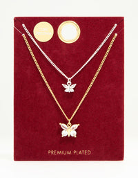 Mixed Metal Cubic Zirconia Butterfly Link Necklace Pack - link has visual effect only