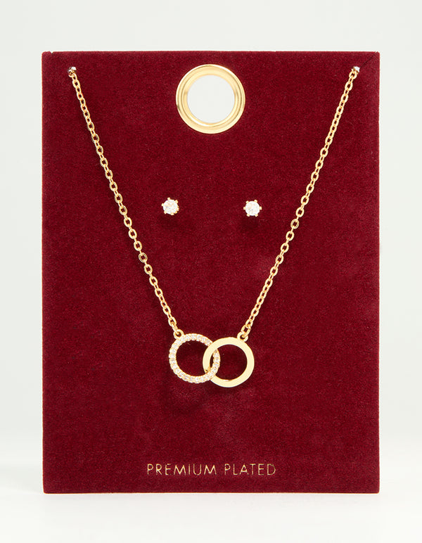 Gold Plated Cubic Zirconia Linked Necklace & Stud Earrings Set
