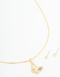 Gold Plated Cubic Zirconia Butterfly Necklace & Stud Earrings Set - link has visual effect only