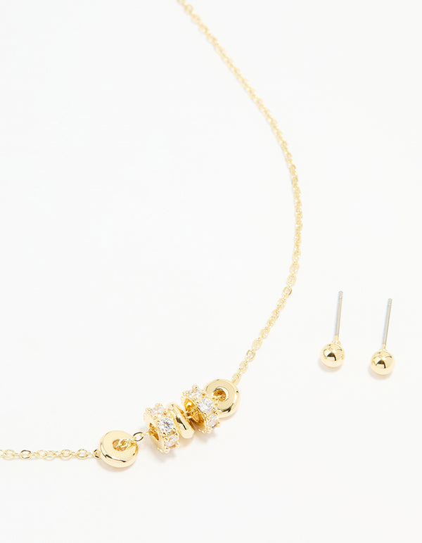 Gold Plated Cubic Zirconia Rondell Pendant Necklace & Earrings Set