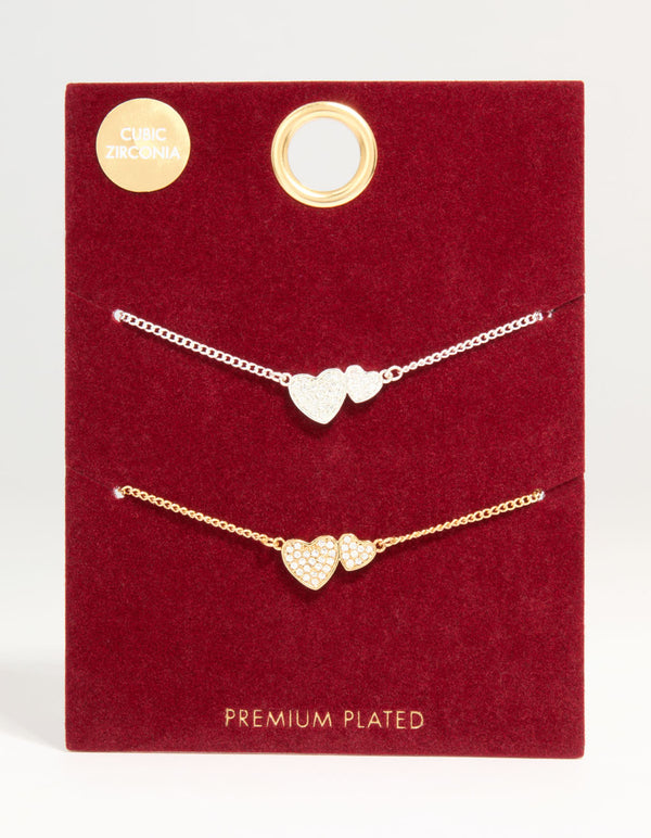 Mixed Metal Cubic Zirconia Linked Hearts Toggle Bracelets 2-Pack