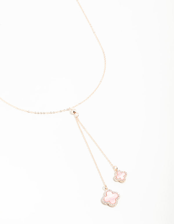 Rose Gold Cubic Zirconia Pink Flower Y-Necklace
