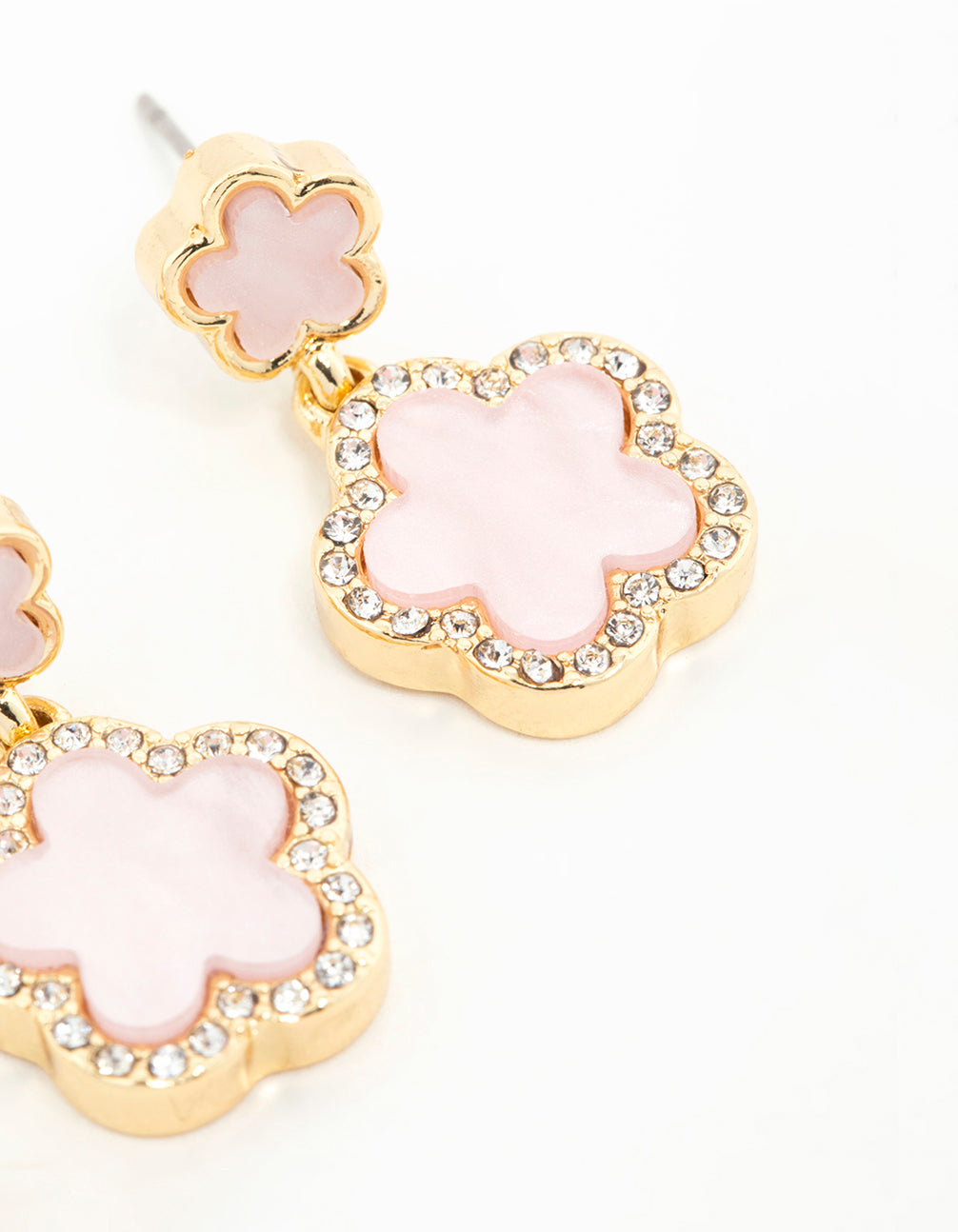 Gold Plated Pink Flower Drop Earrings