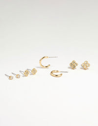 Gold Plated Brass Cubic Zirconia Flower Stud & Huggie Earrings 4-Pack - link has visual effect only