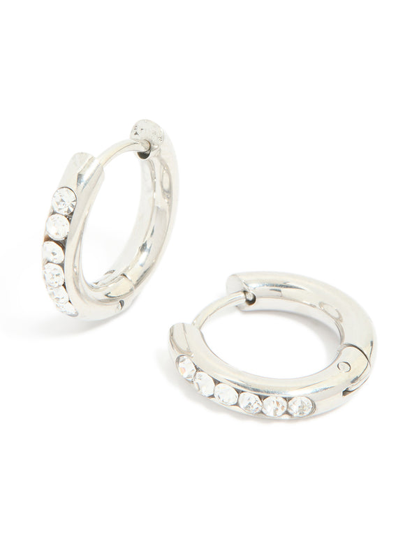 Waterproof Stainless Steel Cubic Zirconia Round Clicker Huggie earrings