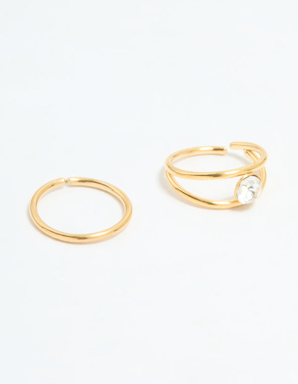 Gold Plated Surgical Steel Cubic Zirconia Layered & Smooth Nose Rings 2-Pack