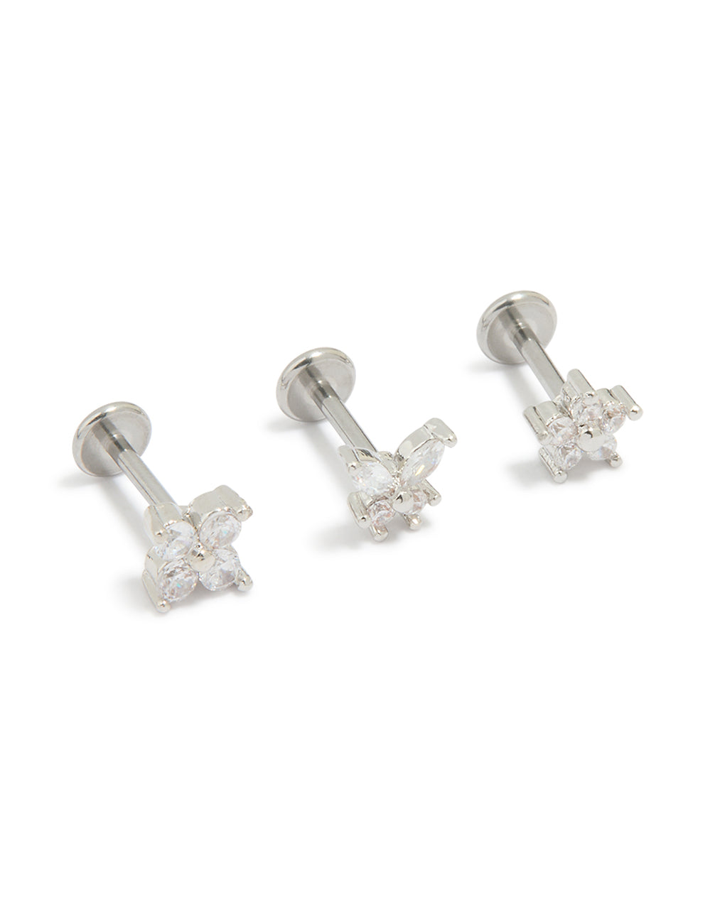 Introducing surgical steel cubic zirconia floral, butterfly flat back studs in a 3-pack with silver and white tones front view
