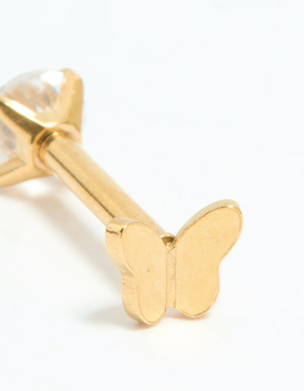 Gold Plated Surgical Steel Cubic Zirconia Reversible Butterfly Flat Back Stud