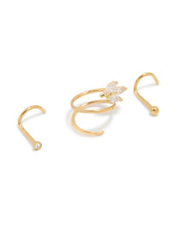 Gold Plated Surgical Steel Cubic Zirconia Hook & Nose Ring 3-Pack - link has visual effect only