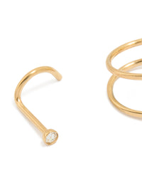 Gold Plated Surgical Steel Cubic Zirconia Hook & Nose Ring 3-Pack - link has visual effect only