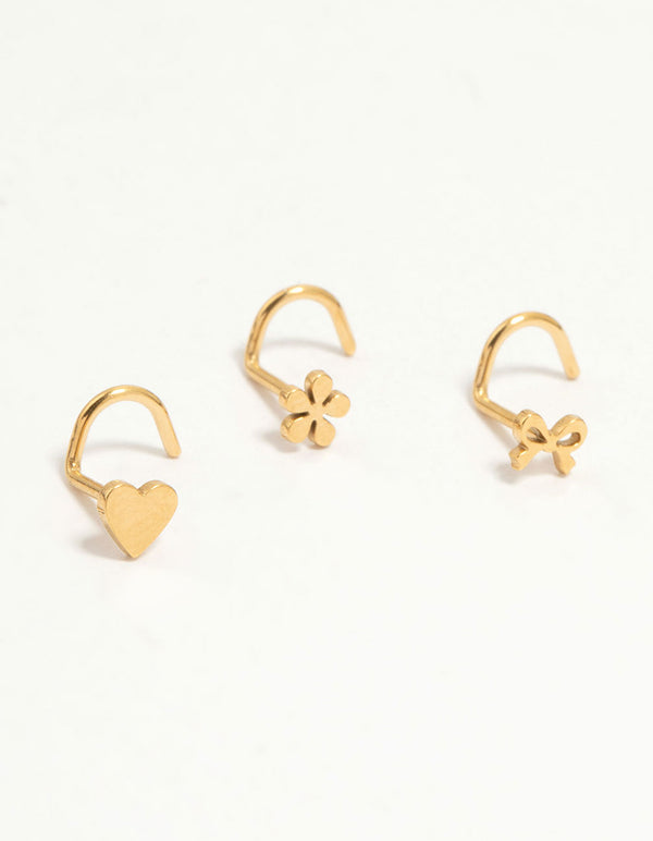Gold Plated Surgical Steel Bow, Heart & Flower Nose Stud 3-Pack
