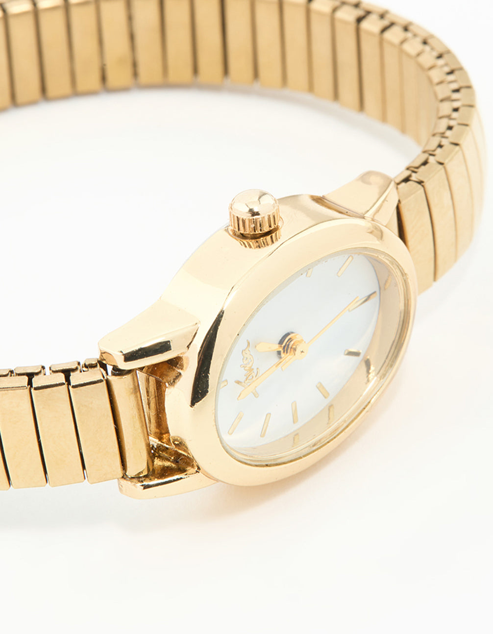 Featuring a white dial with round shape for women, this gold mini oval stretch watch is crafted with a link band strap in analog style, perfect for formal occasions and showcasing a statement design, watch face detail view