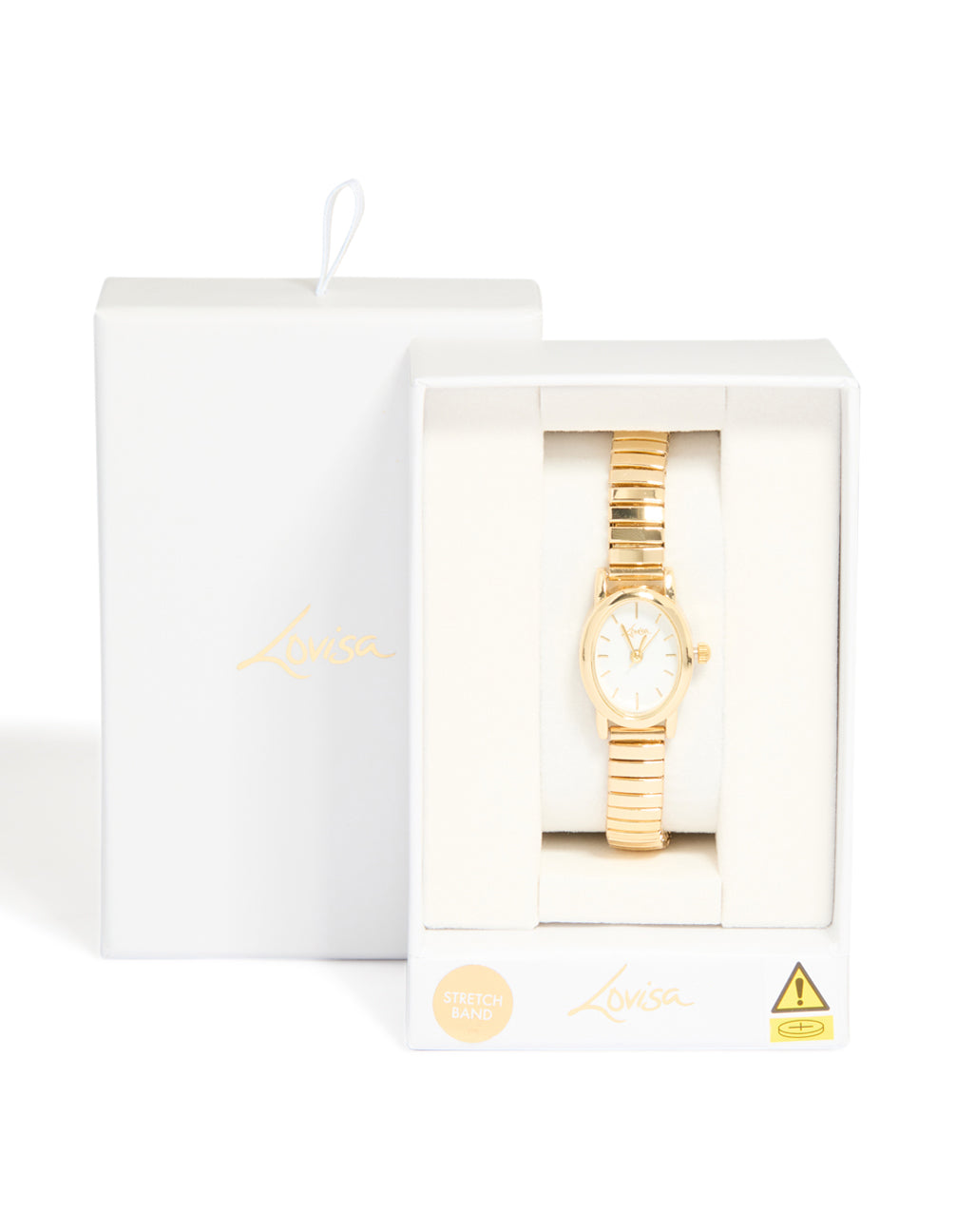 Crafted with a white dial and round shape for women, this gold mini oval stretch watch is designed with a link band strap in analog style, perfect for formal occasions and featuring a statement look, case detail view