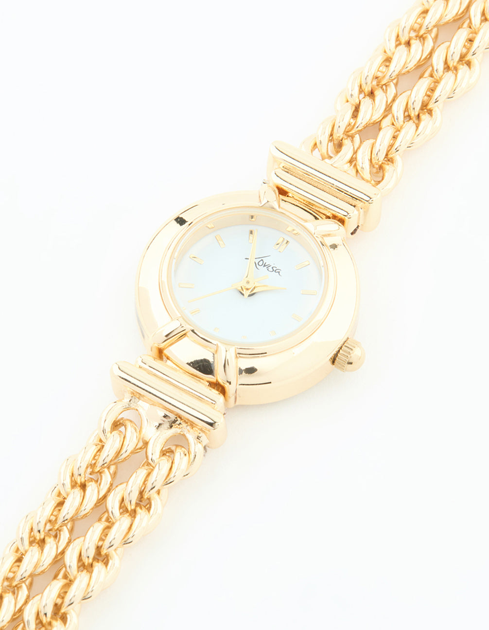 Elegant gold round chain watch bracelet featuring white dial, link band, analog type, designed for women, formal occasions, statement style watch face detail view
