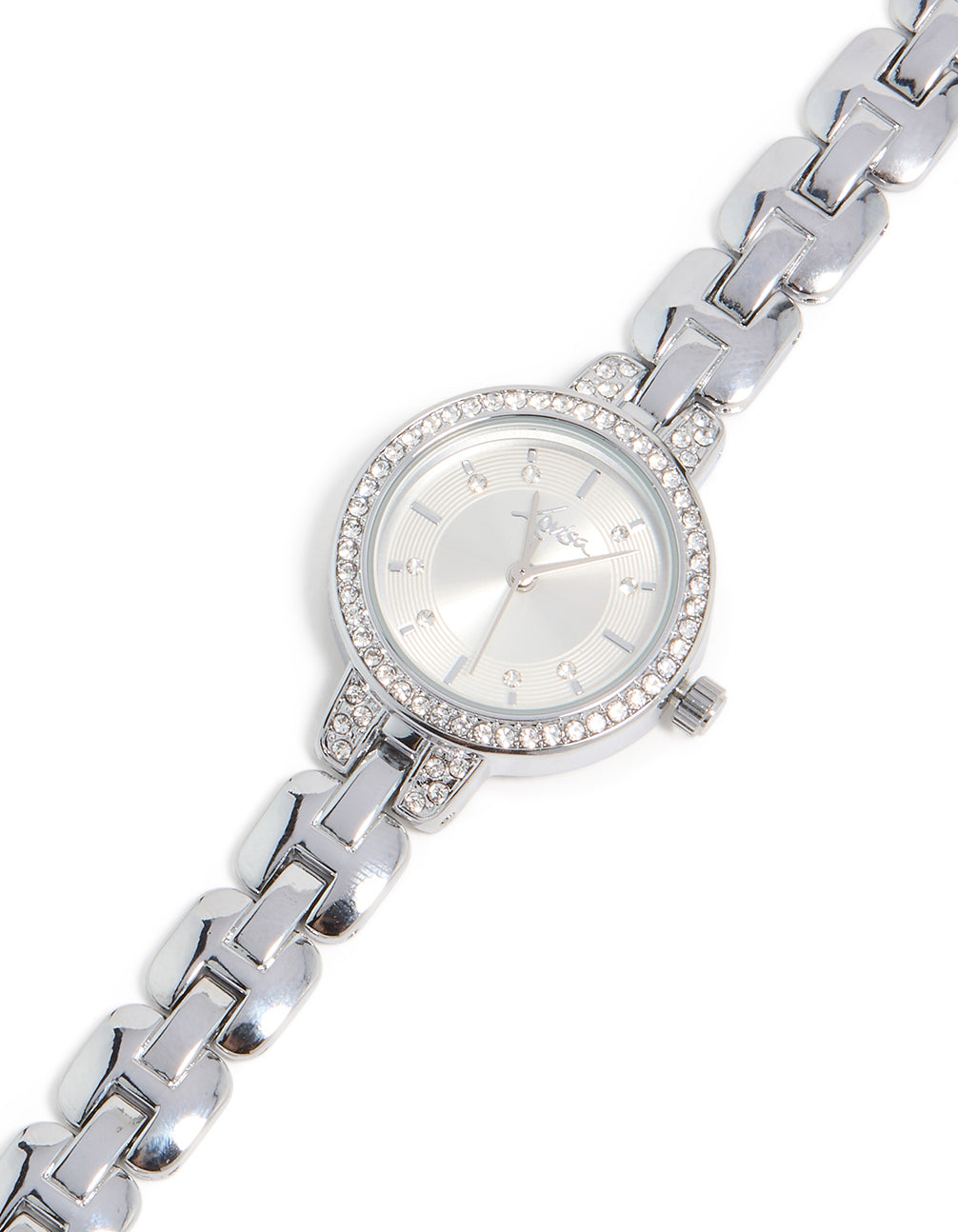 Elegant silver diamante small round strap watch with white dial stone look cubic zirconia link band designed for women formal occasions analog type watch face detail view