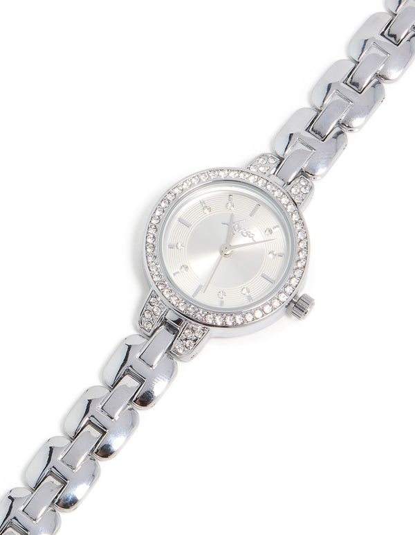 Silver Diamante Small Round Strap Watch