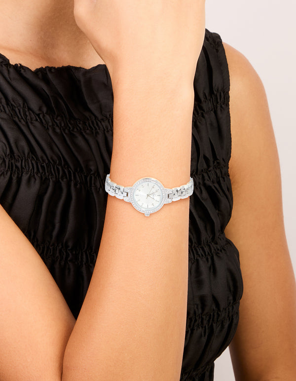 Silver Diamante Small Round Strap Watch