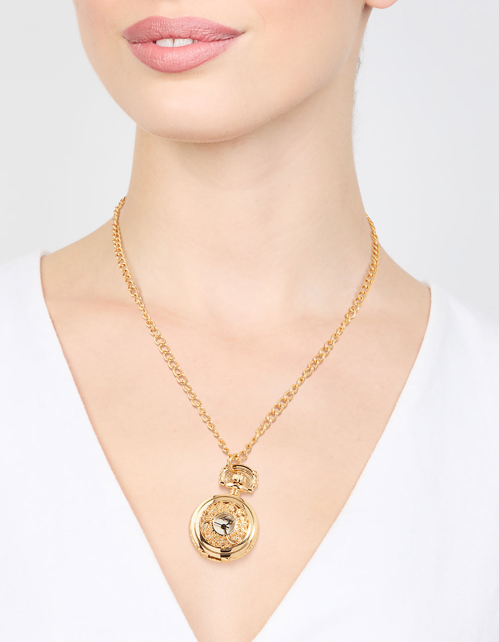 Elegantly crafted gold vintage pocket watch necklace for women featuring white dial, round shape, numbers, analog display, casual look, statement style and pendant feature on neck view