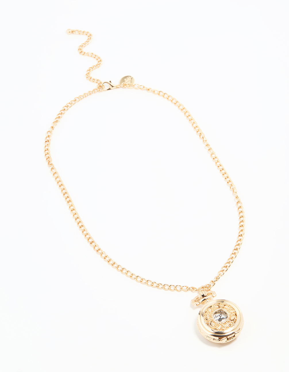 Exquisitely designed gold vintage pocket watch necklace for women featuring white dial, round shape, numbers, analog display, casual look, statement style and pendant feature front view