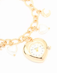 Gold Pearl Heart Charm Watch Bracelet - link has visual effect only
