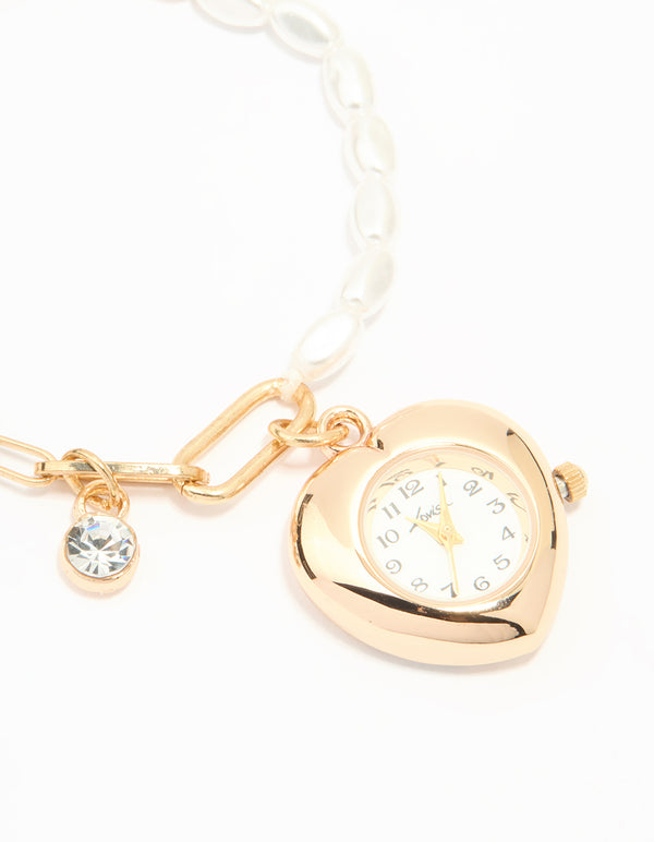 Gold Pearl Heart Watch Bracelet