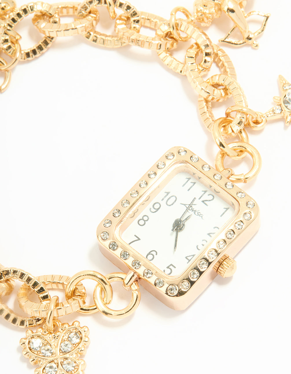 Highlighting a gold diamante watch and chilli charm bracelet with celestial star, heart, floral, padlock details, white dial, number look, rectangle shape, link band strap for women, casual occasion, statement accessory watch face detail view