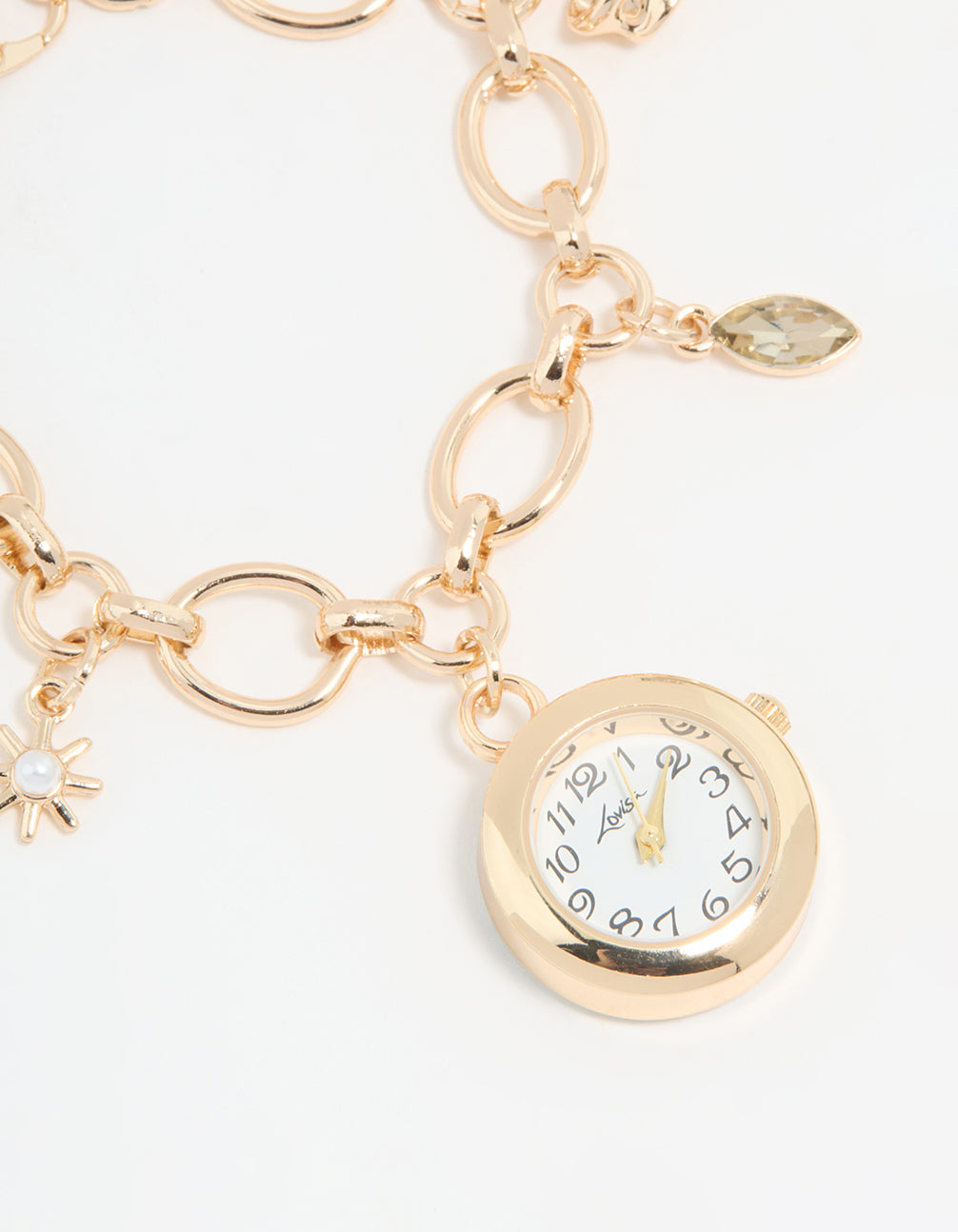 Beautifully crafted, this gold pearl star and watch charm bracelet for women featuring bow, heart, celestial details with numbered white round dial, link band, and statement casual styling and analog type watch face detail view