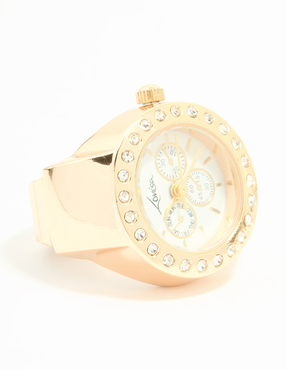 Discover this gold diamante chronograph watch ring stone look white dial, round shape, for women designed for casual occasions with statement style watch face detail view