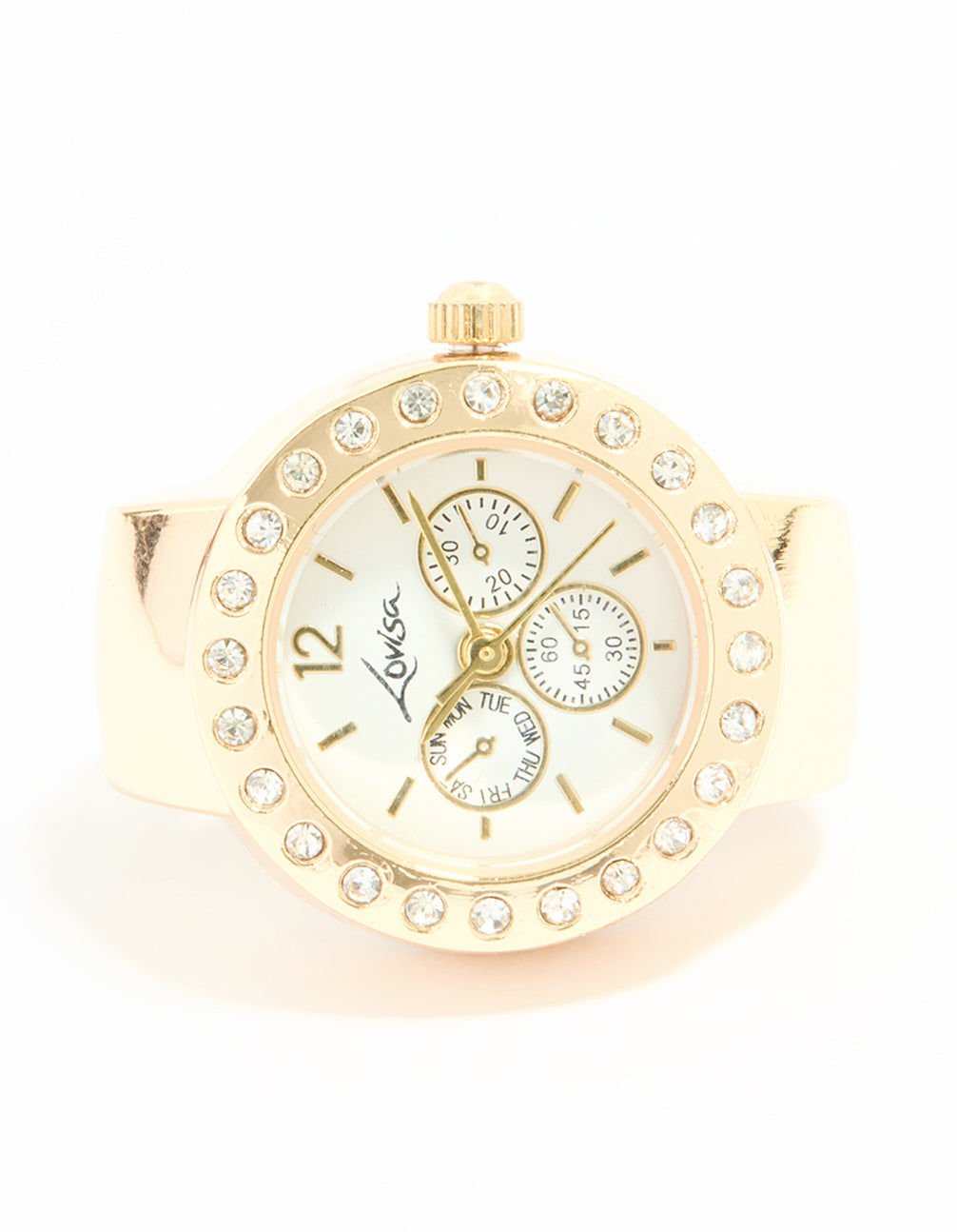 Stylish gold diamante chronograph watch ring, stone look white dial, round shape, for women crafted for casual occasions and statement style watch case detail view