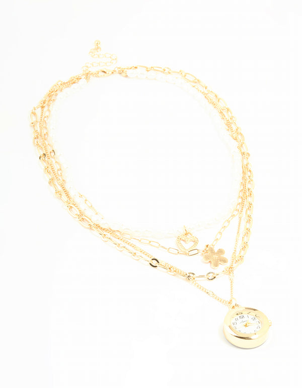 Gold Pearl Watch & Flower Layered Necklace