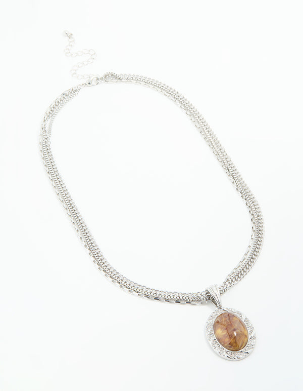 Silver Triple Chain Oval Pendant Necklace