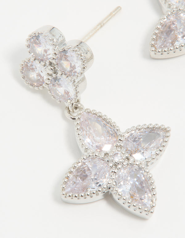 Silver Cubic Zirconia Double Flower Drop Earrings